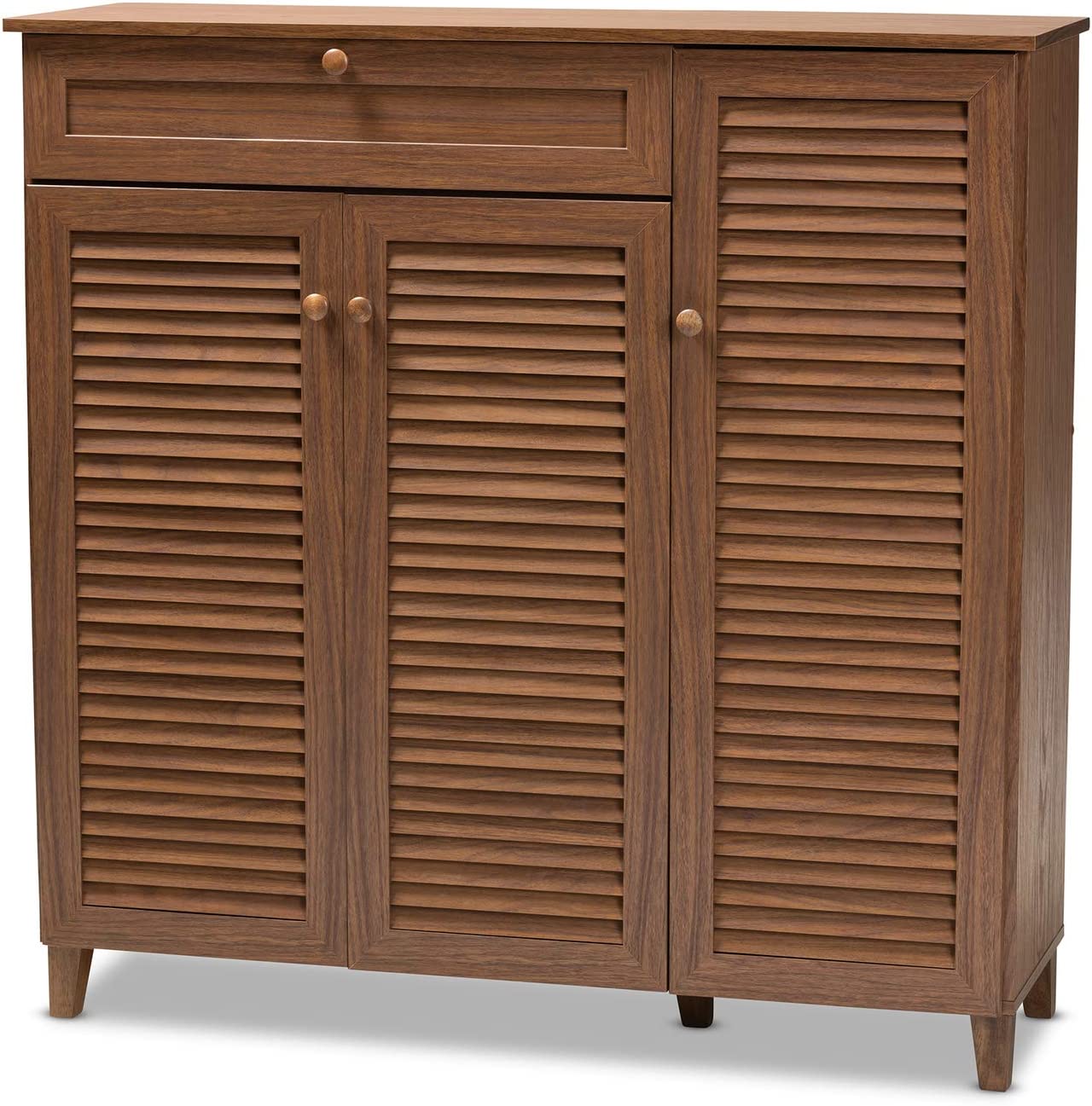 Baxton Studio Coolidge Modern and Contemporary Walnut Finished 11-Shelf Wood Shoe Storage Cabinet with Drawer