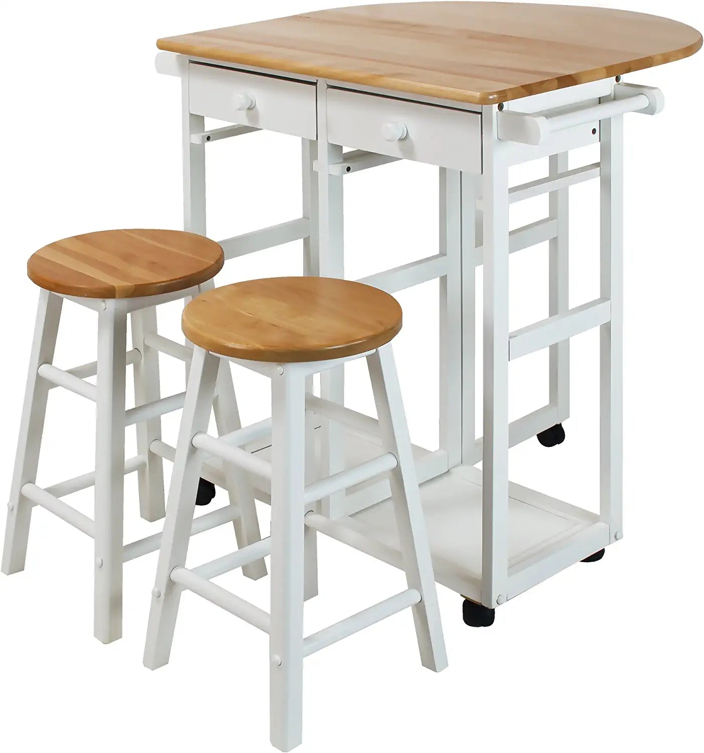 Casual Home Drop Leaf Breakfast Cart with 2 Stools-Natural
