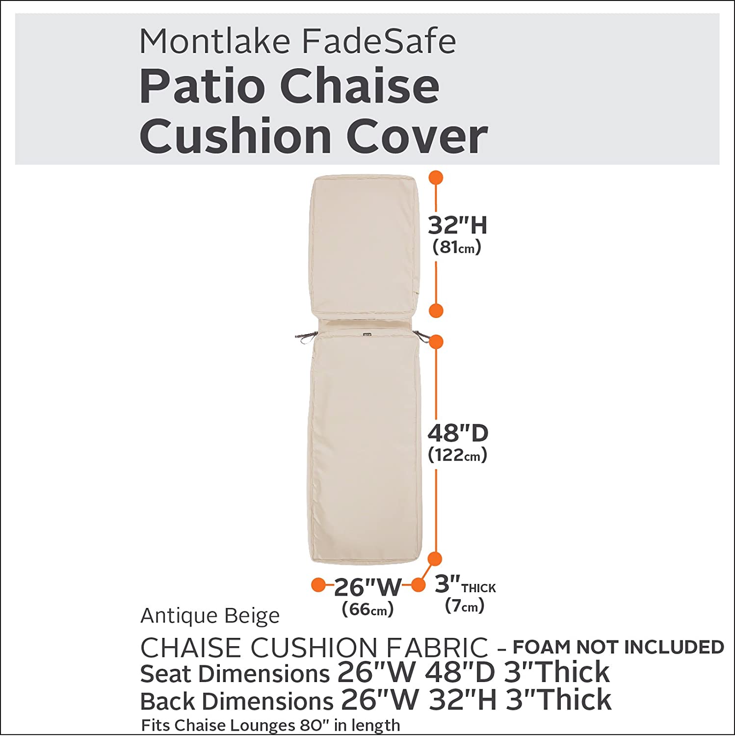 Classic Accessories Montlake Water-Resistant 80 x 26 x 3 Inch Outdoor Chaise Lounge Cushion Slip Cover, Patio Furniture Cushion Cover, Antique Beige, Patio Furniture Cushion Covers