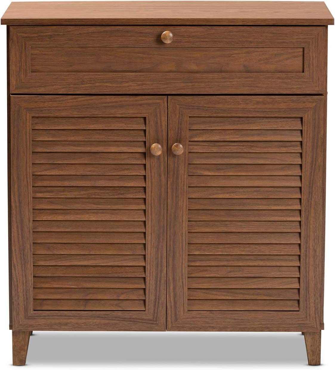 Baxton Studio Coolidge Modern and Contemporary Walnut Finished 4-Shelf Wood Shoe Storage Cabinet with Drawer