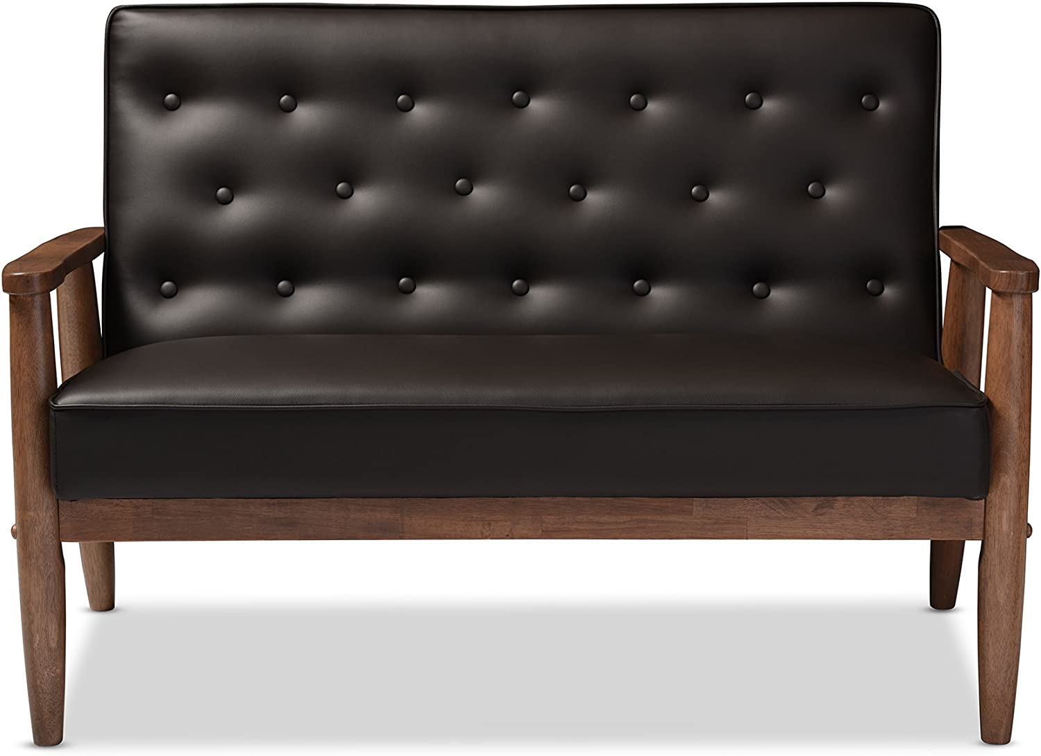 BAXTON STUDIO SORRENTO MID-CENTURY RETRO MODERN BROWN FAUX LEATHER UPHOLSTERED WOODEN 2-SEATER LOVESEAT