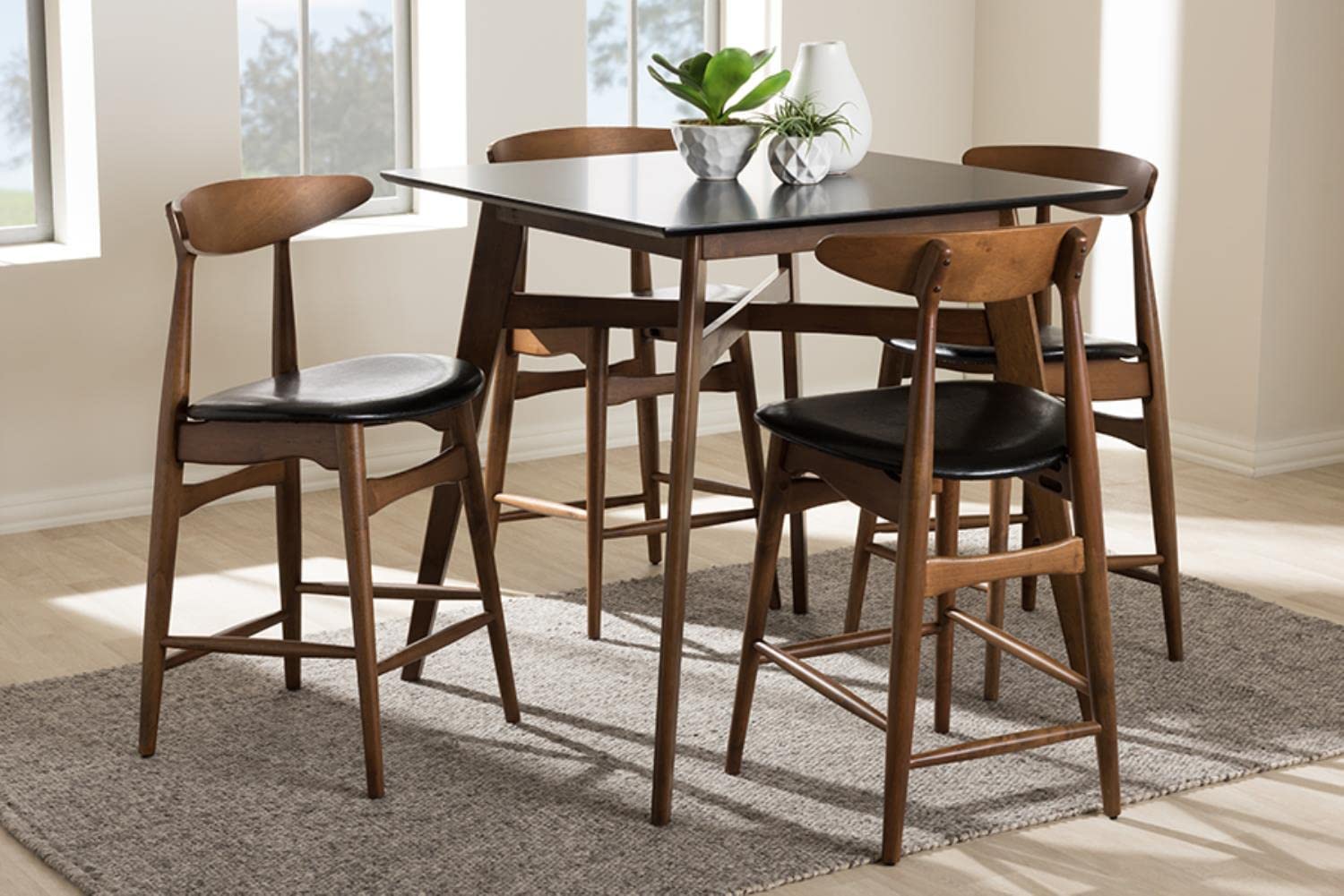 Baxton Studio Flora Mid-Century Modern Black Faux-Leather Upholstered Walnut Finished 5-Piece Pub Set Black//Medium Wood/Mid-Century/Table/Faux Leather/Rubber Wood/Foam