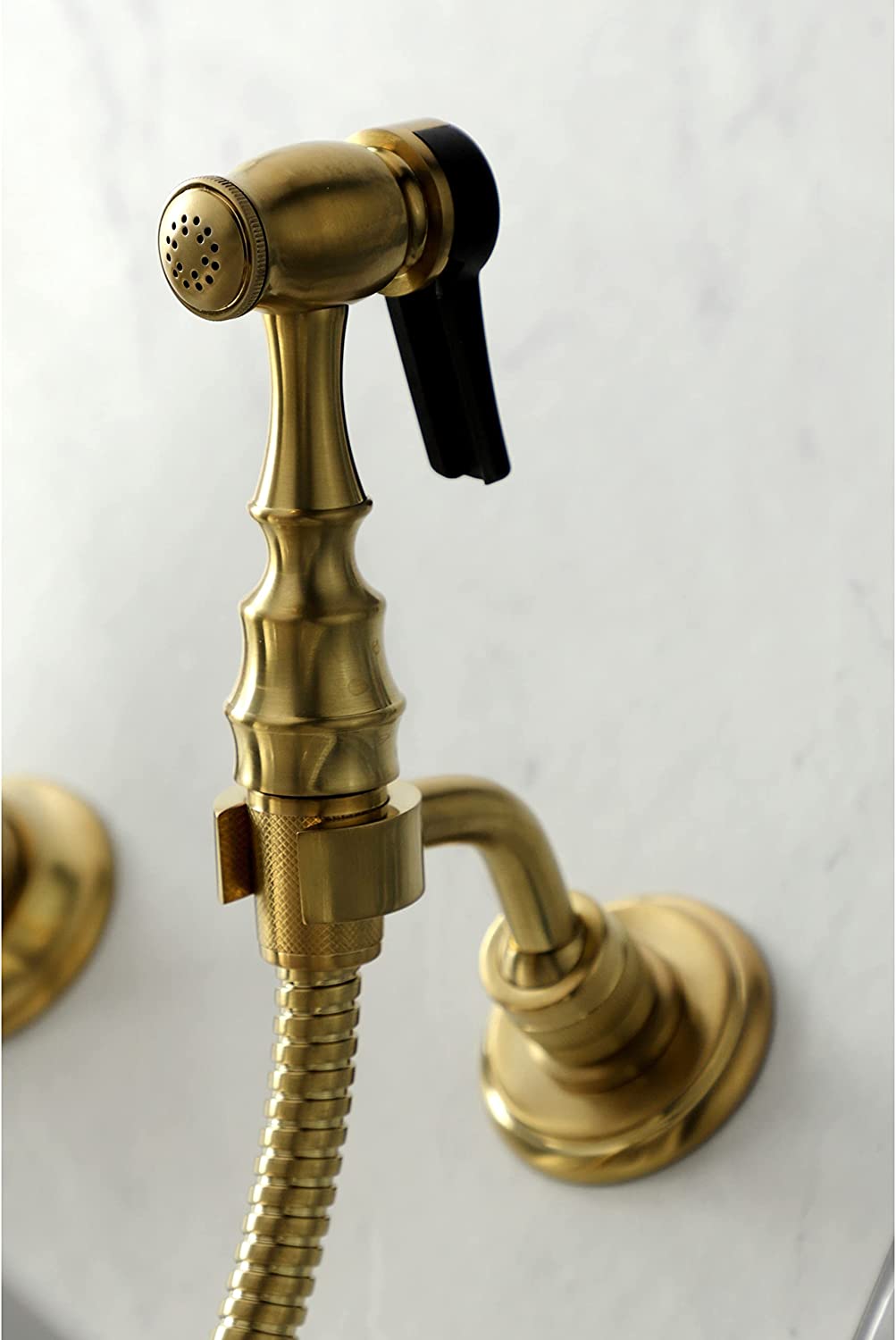 Kingston Brass KS1267PXBS Heritage 8-Inch Centerset Wall Mount Kitchen Faucet with Brass Sprayer, Brushed Brass