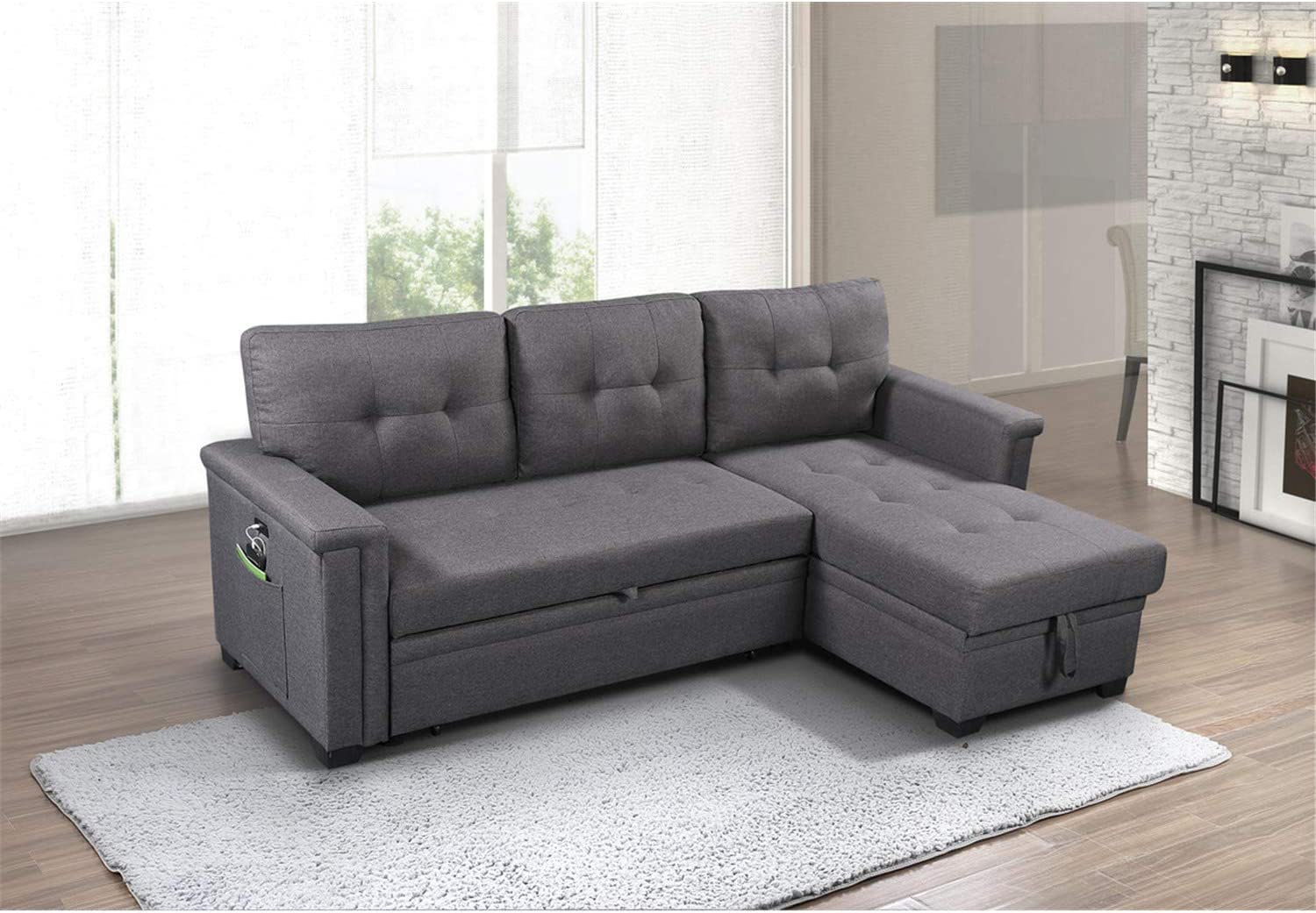 Lilola Home Reversible Sleeper Sectional Sofa with Storage Chaise and Pocket, Dark Gray