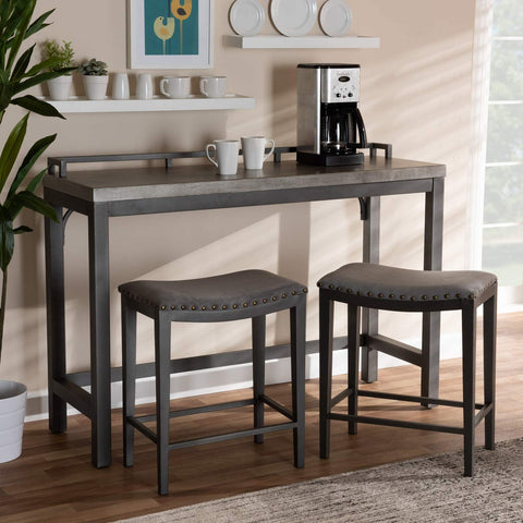 Baxton Studio Noll Modern and Contemporary Grey Fabric Upholstered 3-Piece Multipurpose Metal Counter Table Set