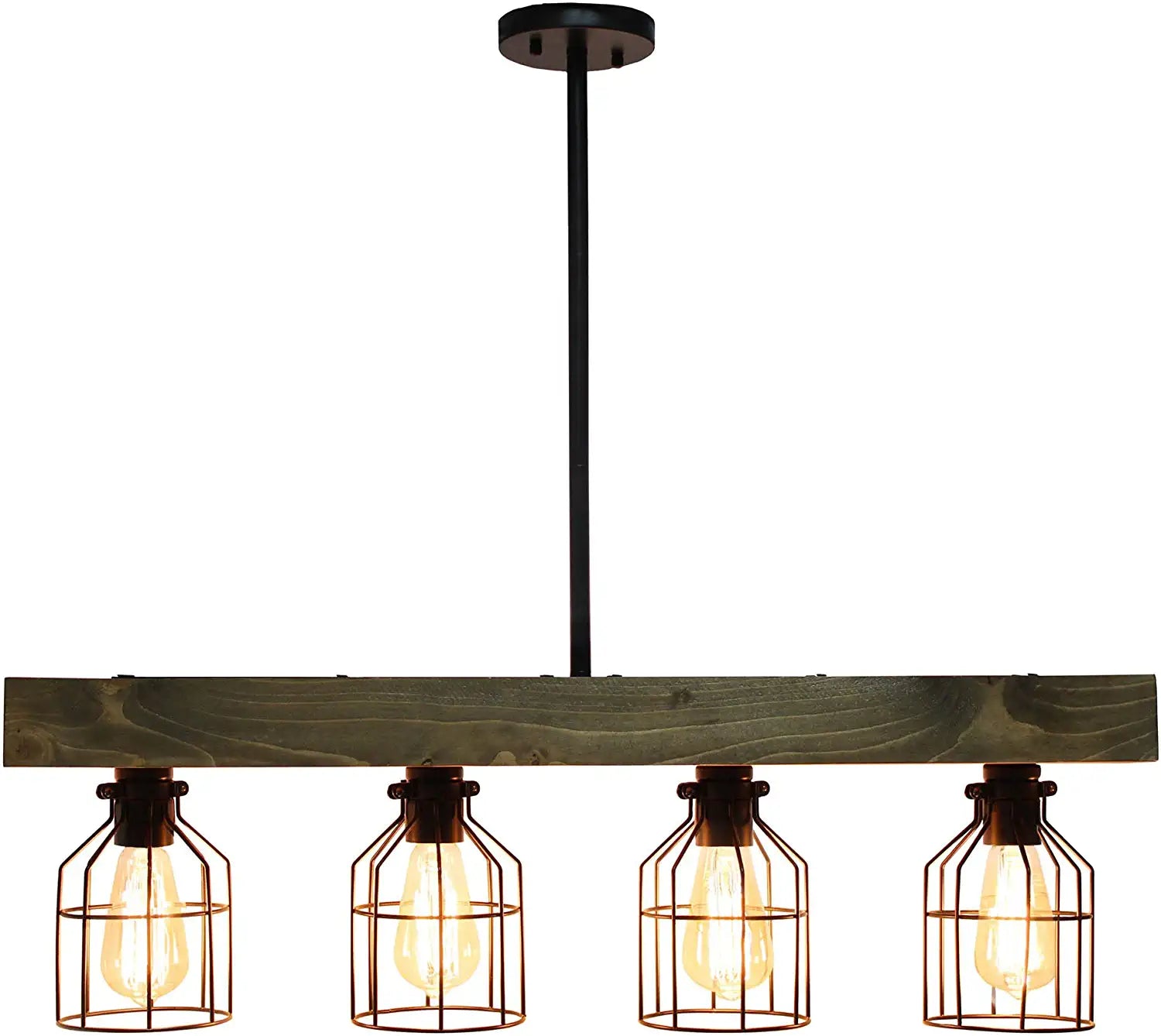 Lalia Home 4 Light Rustic Farmhouse Pendant with Restored Wood Beam and Matte Black Metal Cage Shade