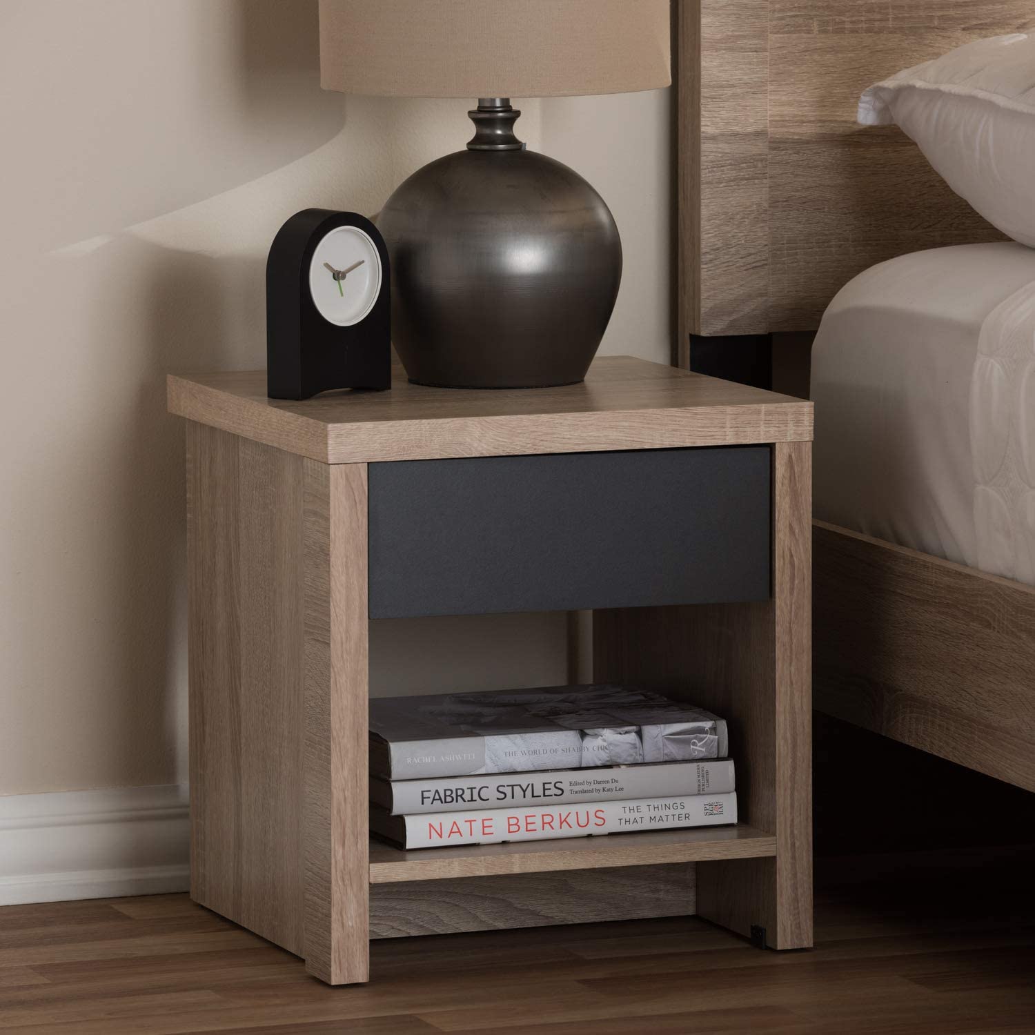 Baxton Studio Jamie Modern and Contemporary Two-Tone Oak and Grey Wood 1-Drawer 1-Shelf Nightstand/Contemporary/Light Brown/Gray/Particle Board/MDF with PU Paper