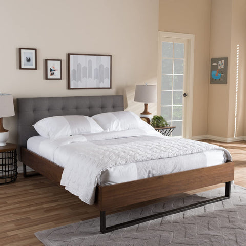 Baxton Studio Mitchell Tufted Full Platform Bed in Gray and Brown