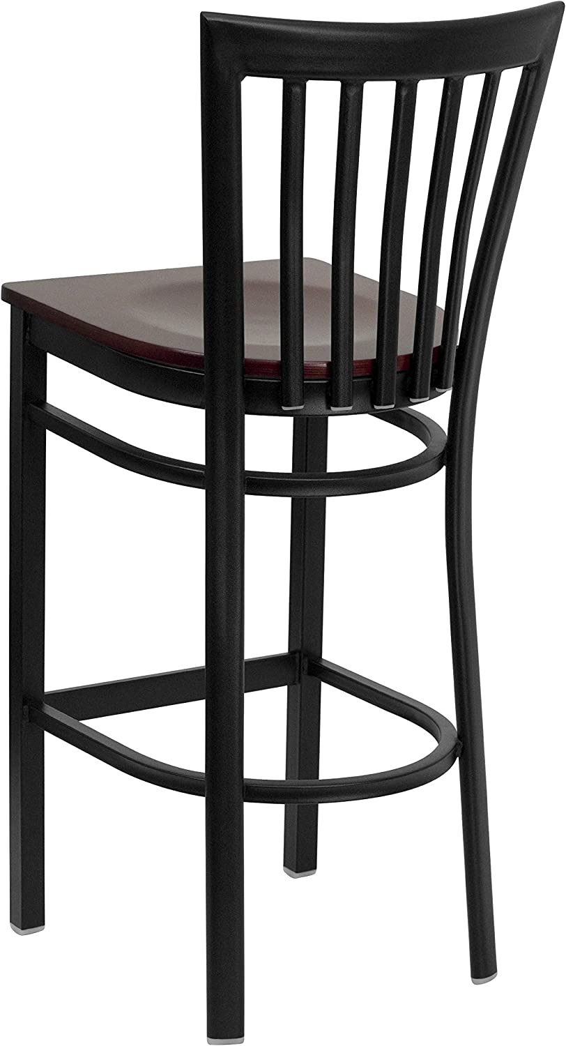 Flash Furniture HERCULES Series Black School House Back Metal Restaurant Barstool - Mahogany Wood Seat