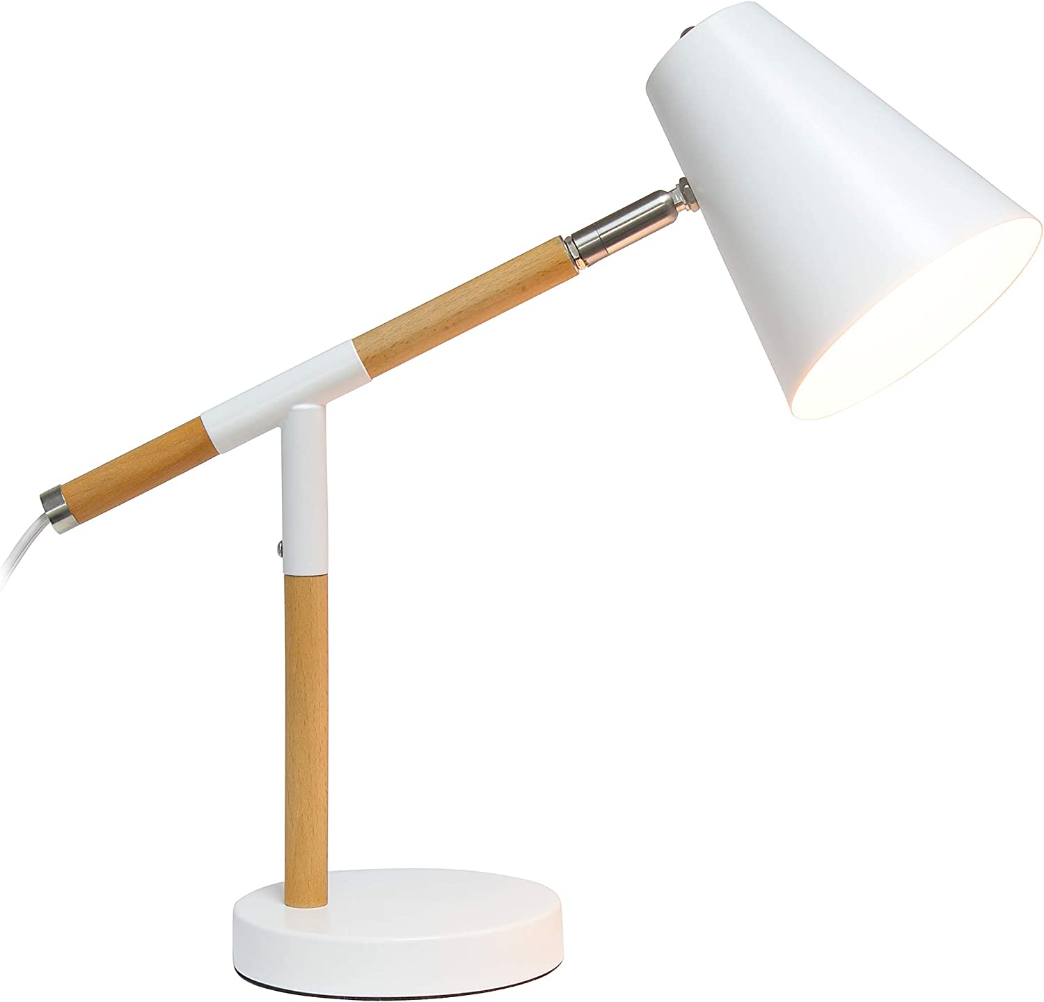Simple Designs LD1059-WHT Matte and Wooden Pivot Desk Lamp, White