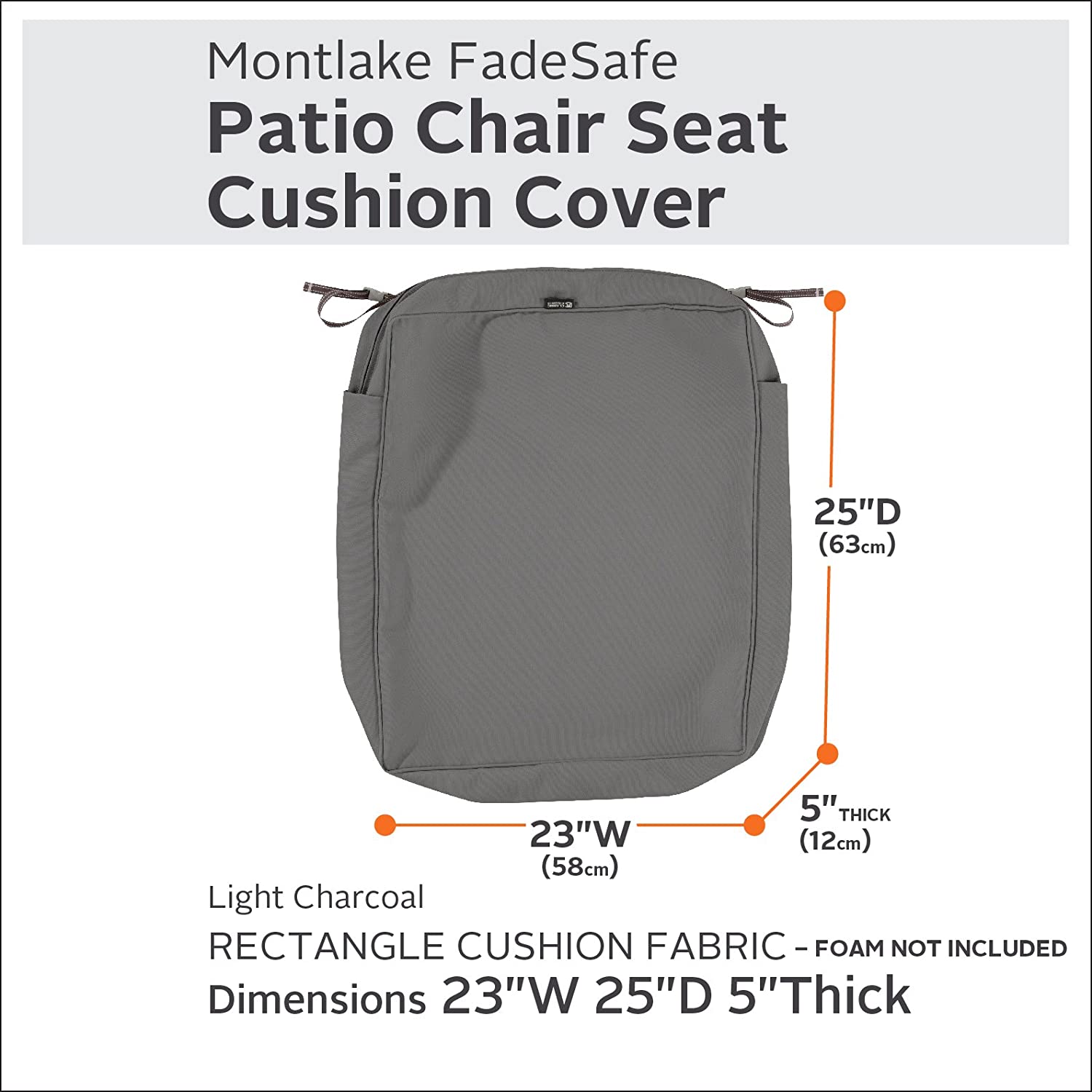 Classic Accessories Montlake Water-Resistant 23 x 25 x 5 Inch Rectangle Outdoor Seat Cushion Slip Cover, Patio Furniture Chair Cushion Cover, Light Charcoal Grey