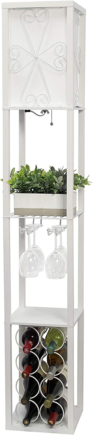 Simple Designs LF1015-WHT Etagere Organizer Storage Shelf and Wine Rack with Linen Shade Floor Lamp, White