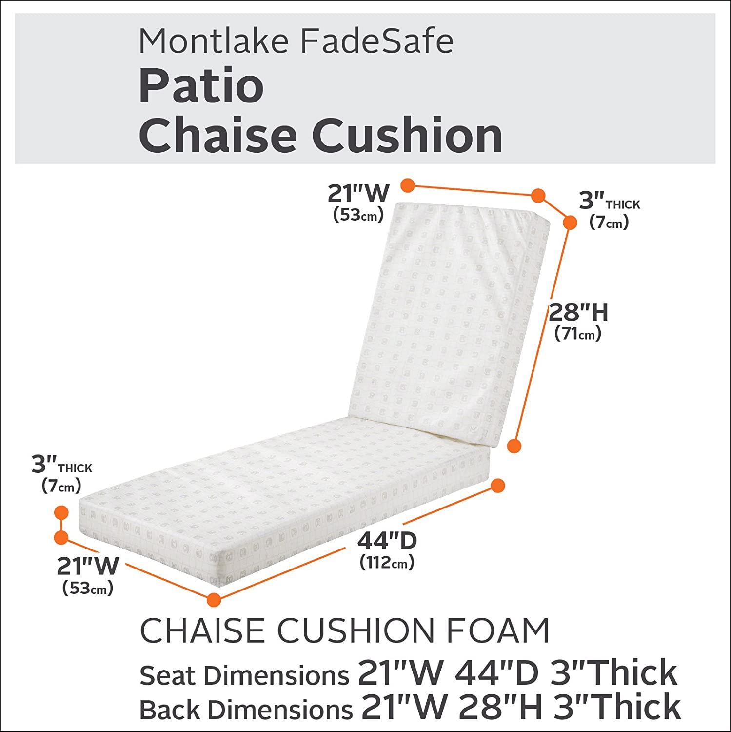 Classic Accessories Water-Resistant 72 x 21 x 3 Inch Patio Chaise Lounge Cushion Foam