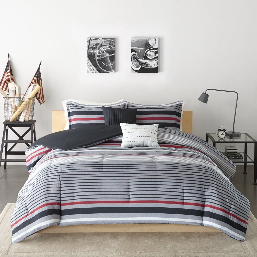 Intelligent Design Christopher Twin/Twin XL Comforter Set Teen Boy Bedding - Grey, Red, Stripes ‚Äì 4 Piece Bed Sets ‚Äì Ultra Soft Microfiber Bed Comforter