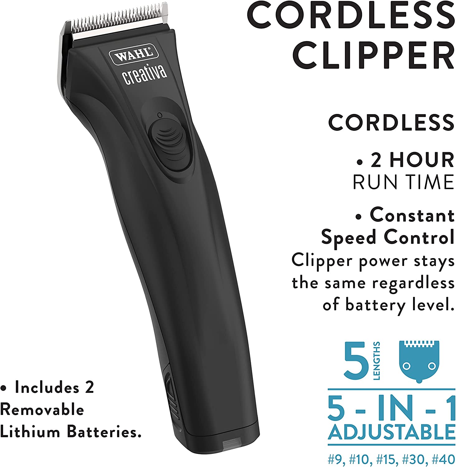 Wahl Professional Animal Creativa Cordless Dog, Cat, Pet, and Horse Clipper with 5-in-1 Adjustable Blade, Black (#41876-0430)