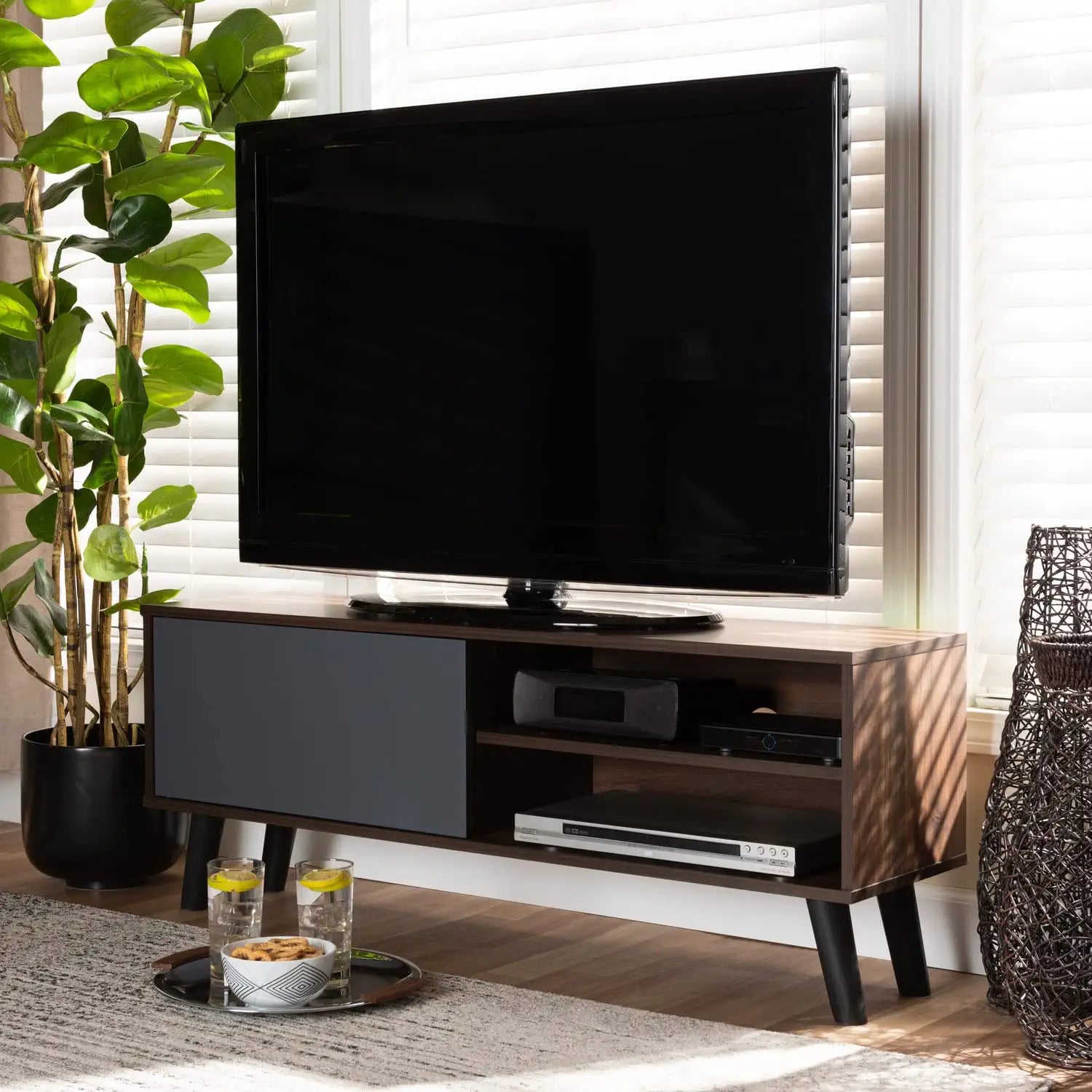 Baxton Studio Mallory Modern and Contemporary Two-Tone Walnut Brown and Grey Finished Wood TV Stand