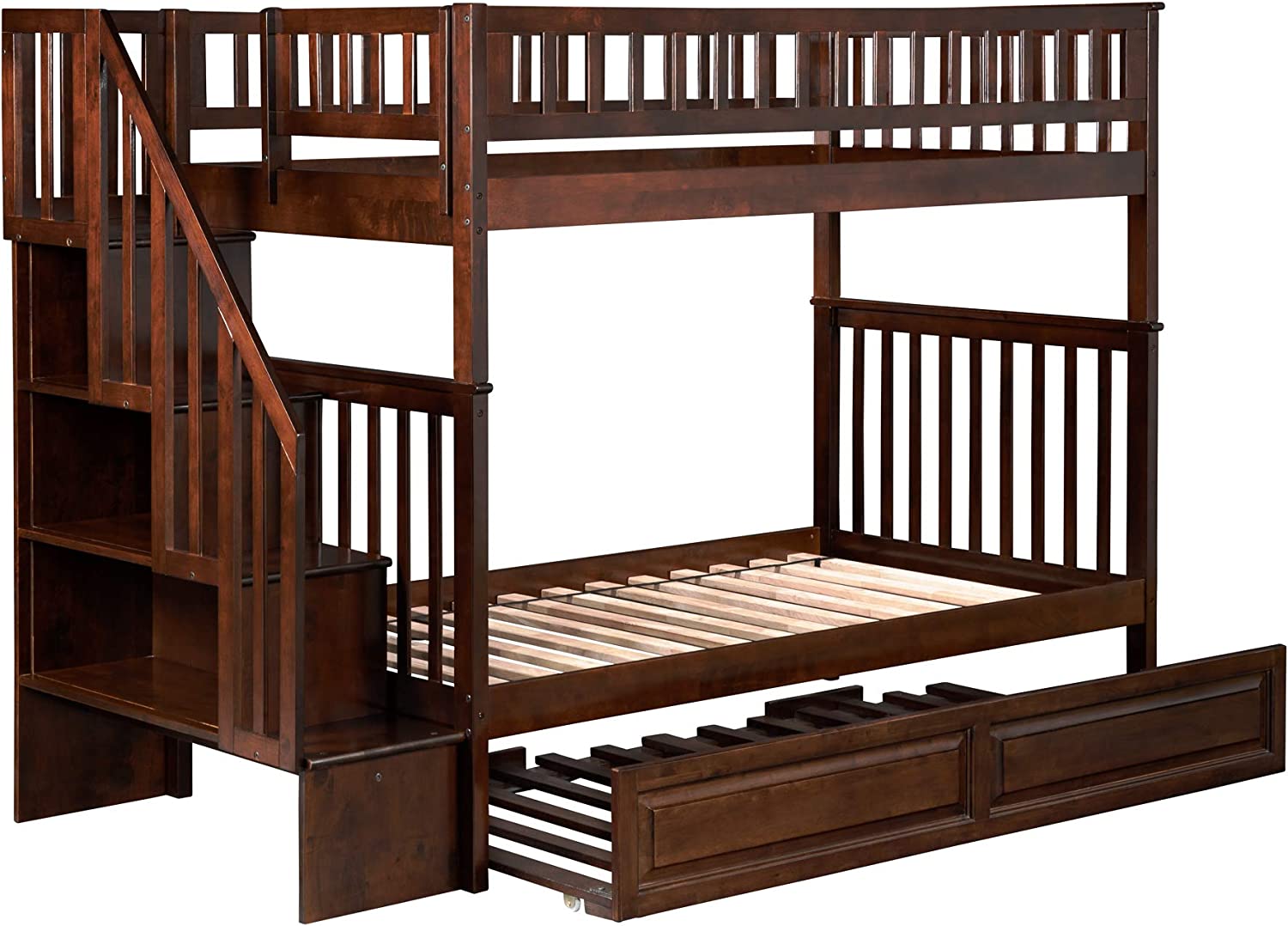 AFI Woodland Staircase Bunk Raised Panel Trundle Bed, Twin, Walnut, Twin/Twin