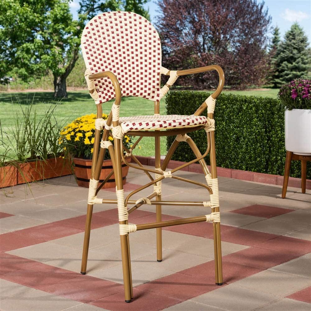 Baxton Studio Marguerite Classic French Indoor and Outdoor Beige and Red Bamboo Style Stackable Bistro Bar Stool