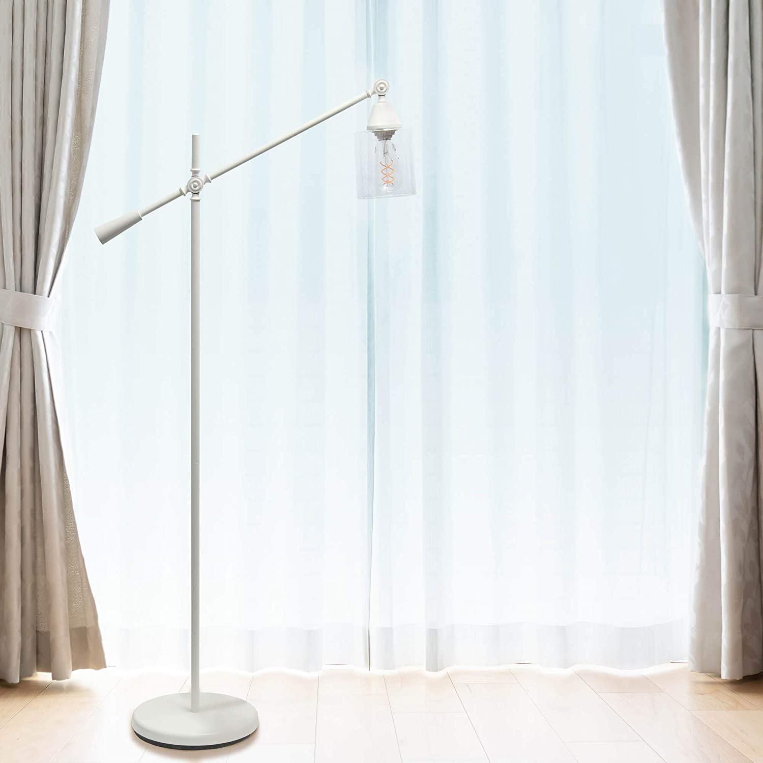 Lalia Home Decorative Swing Arm Floor Lamp with Clear Glass Cylindrical Shade, White