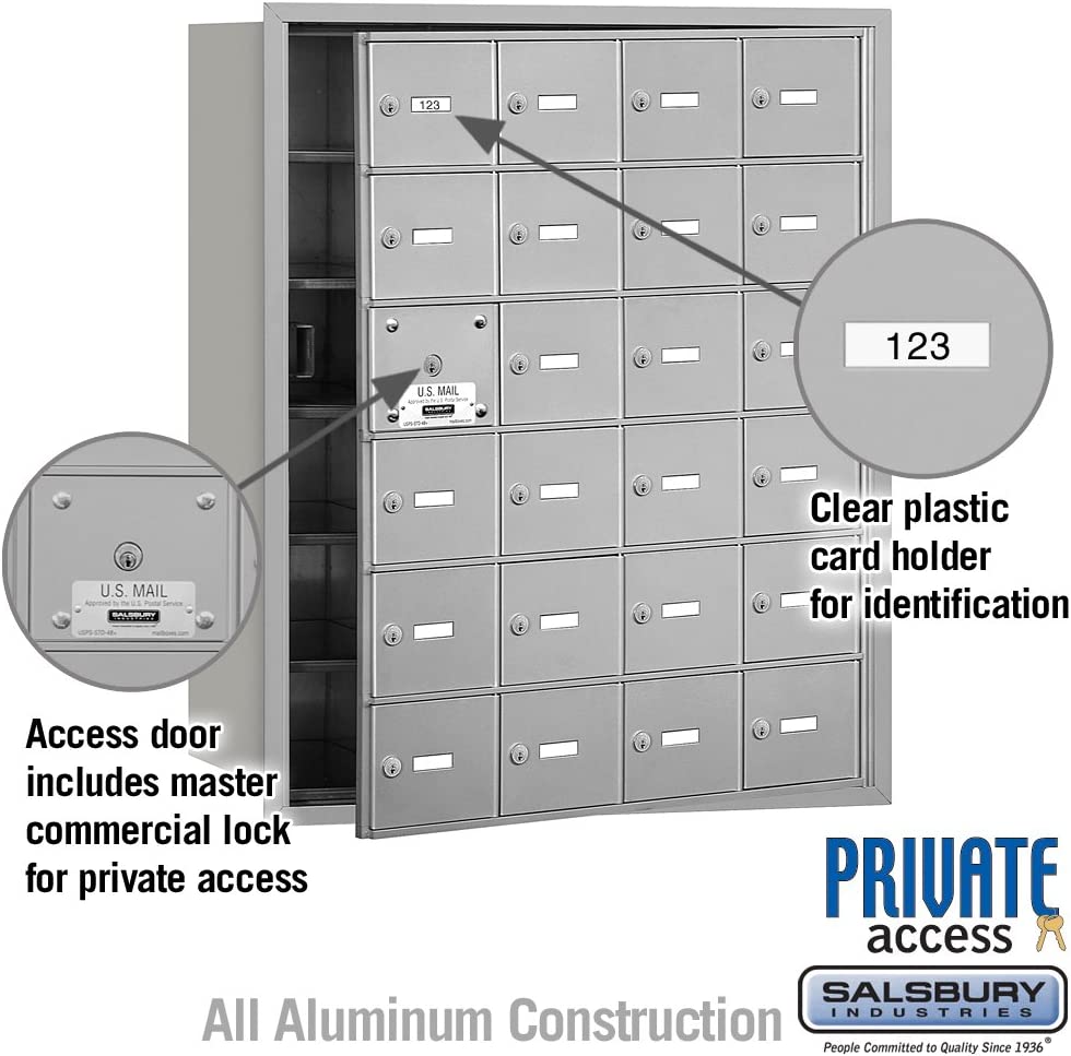 Salsbury Industries 3624AFP 4B Plus Horizontal Mailbox with Master Commercial Lock, 24 A Doors 23 Usable, Front Loading, Private Access, Aluminum