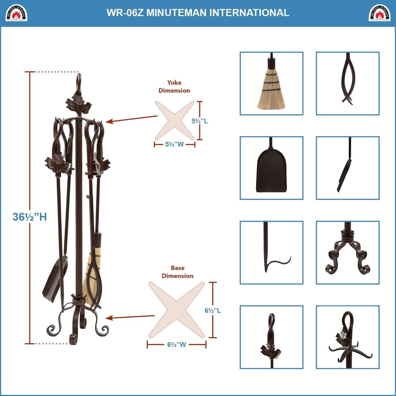 Minuteman International Maple Leaf 5-piece Wrought Iron Fireplace Tool Set, Roman Bronze