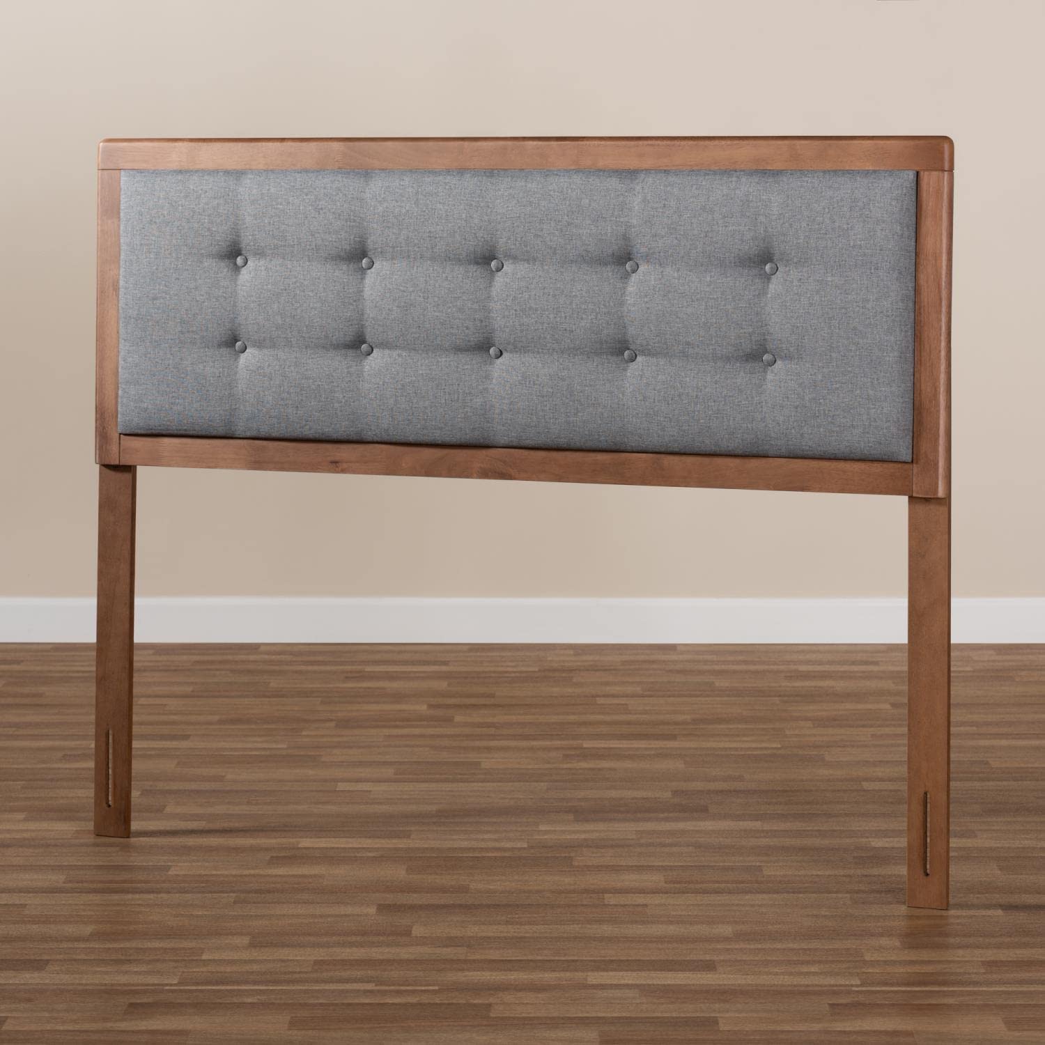 Baxton Studio Sarine Mid-Century Modern Dark Grey Fabric Upholstered Walnut Brown Finished Wood Queen Size Headboard