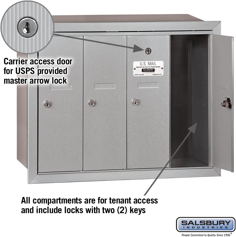 Salsbury Industries 3504ARU Recessed Mounted Vertical Mailbox with 4 Doors and USPS Access, Aluminum