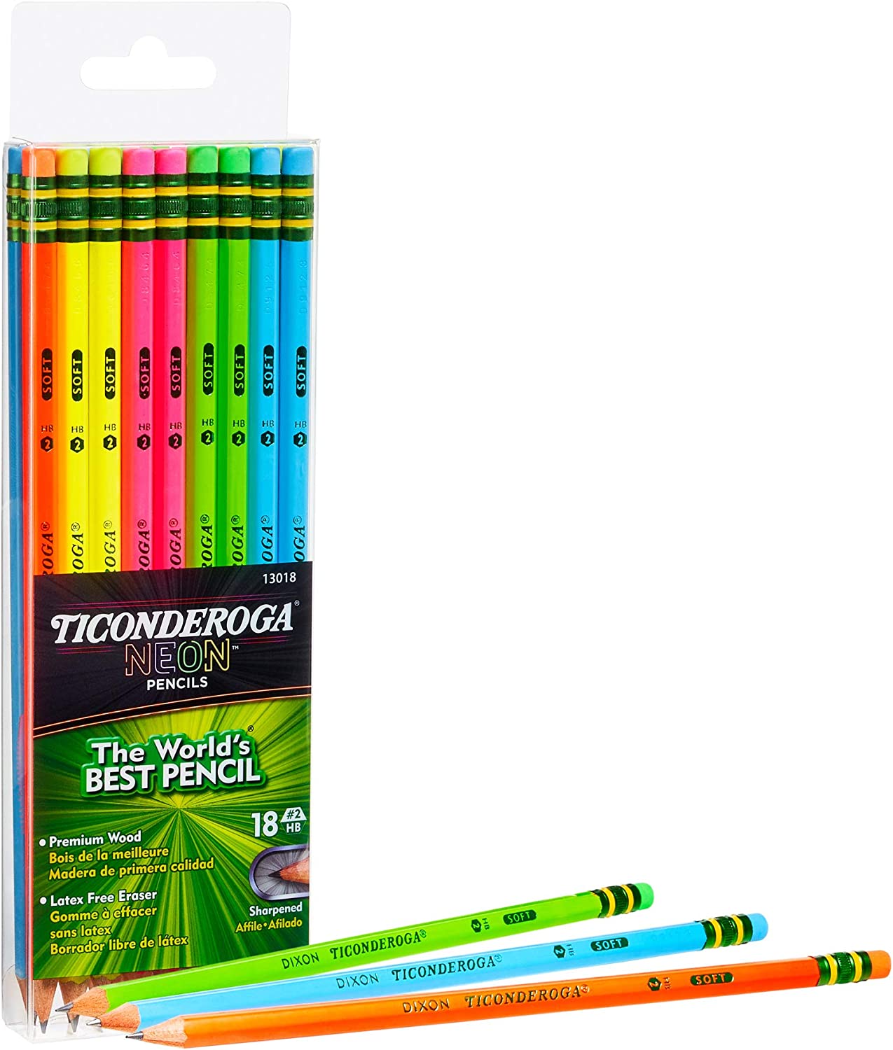 Ticonderoga Neon Pencils, #2 Pre-Sharpened Wood Pencils with Erasers, 18-Count, 13018