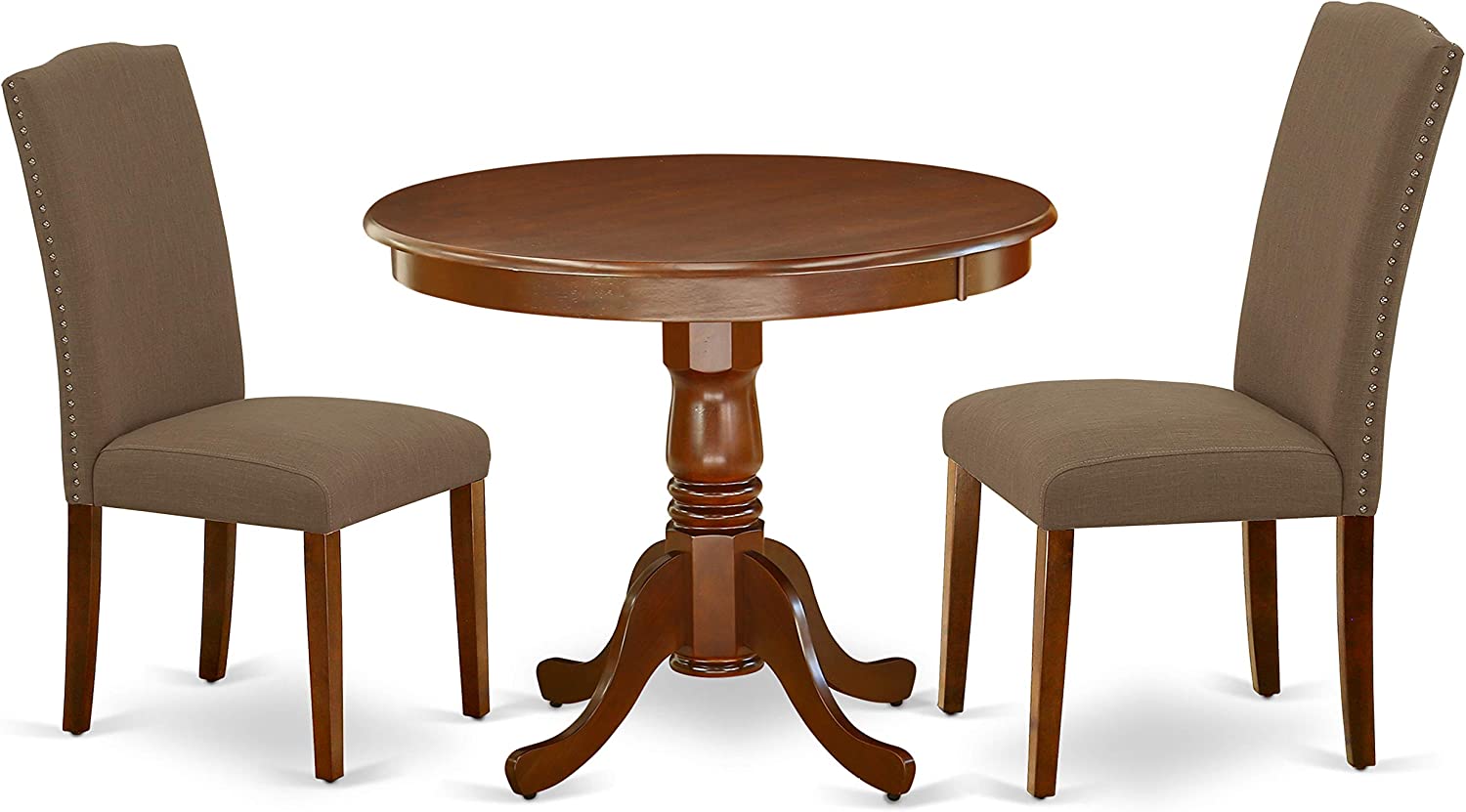 East West Furniture 5Pc Round 36&#34; Table And 4 Parson Chair With Mahogany Leg And Linen Fabric Dark Coffee, 5