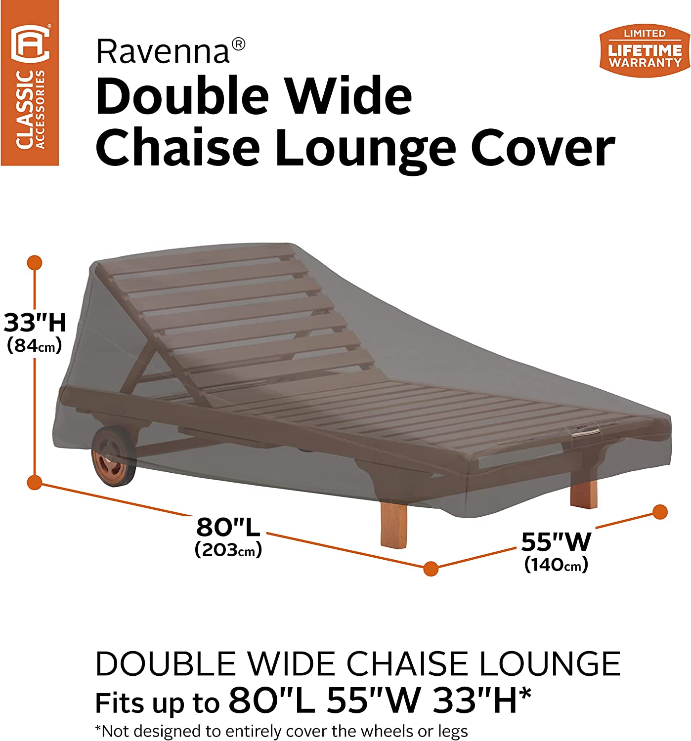 Classic Accessories 55-454-015101-EC Ravenna Water-Resistant 80 x 55 Inch Double Wide Patio Chaise Lounge Chair Cover,Taupe,Double Wide Chaise Lounge, Patio Furniture Covers