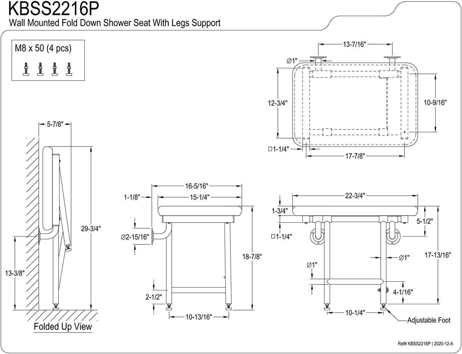 Kingston Brass KBSS2216P Adascape Shower Seat, Brushed Stainless Steel