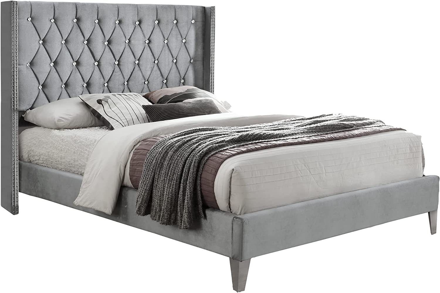 Better Home Products Alexa Velvet Upholstered Queen Platform Bed in Gray