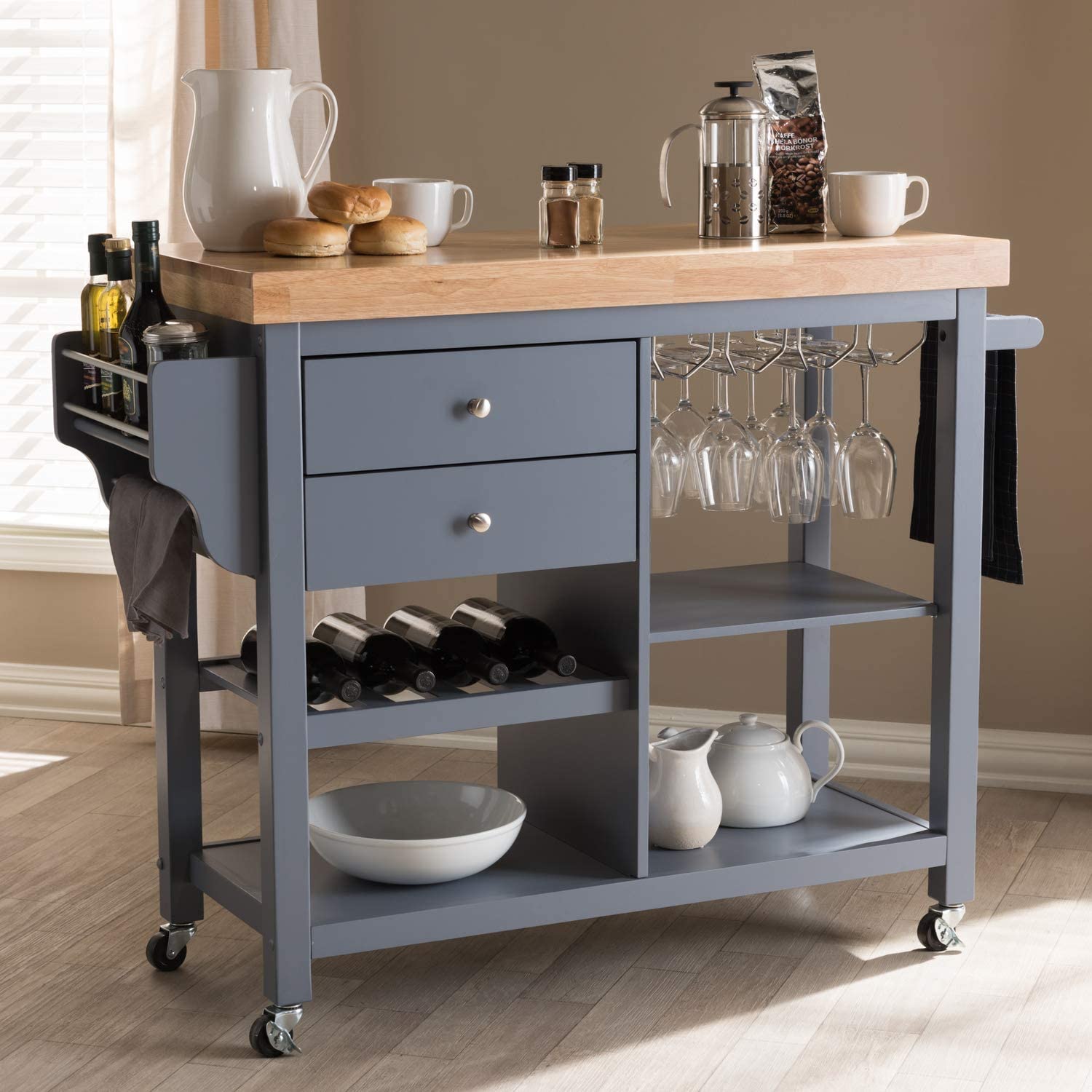 Baxton Studio Sunderland Coastal and Farmhouse Grey Wood Kitchen Cart Grey//Medium Wood/Rubber Wood/Farmhouse