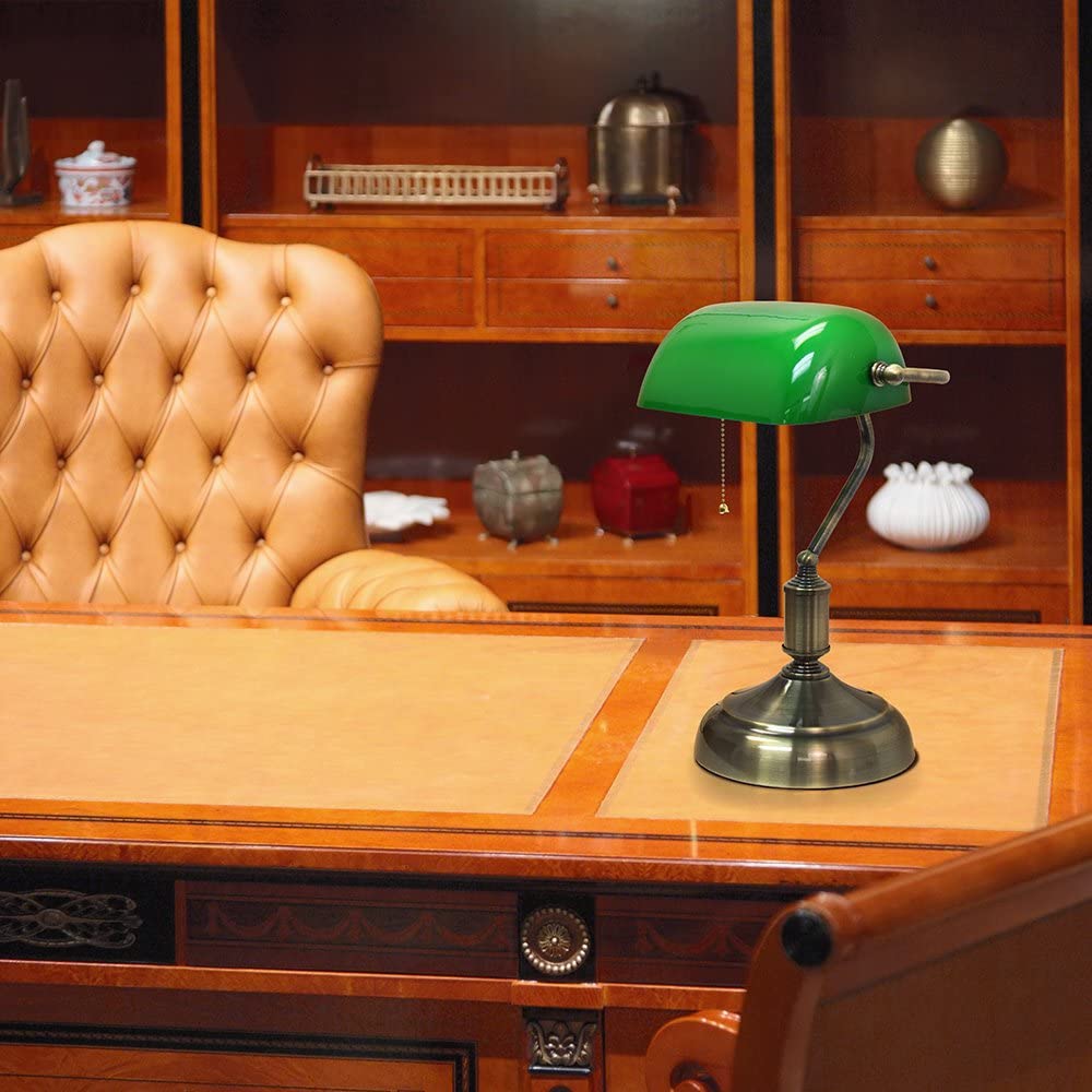 Simple Designs LT3216-GRN Executive Banker's Glass Shade Desk Lamp, Antique Nickel/Green