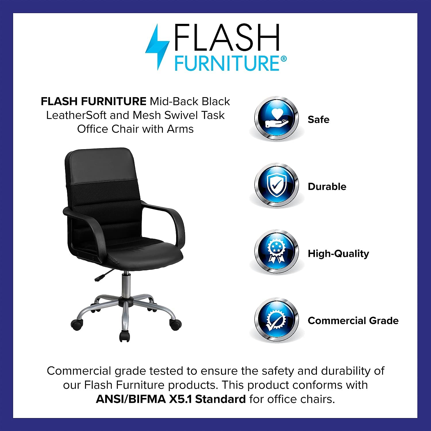 Flash Furniture Mid-Back Black LeatherSoft and Mesh Swivel Task Office Chair with Arms