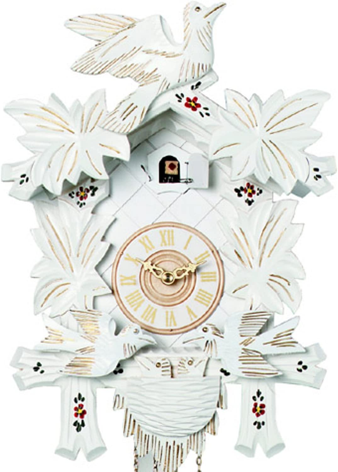 River City Clocks One Day Cuckoo Clock with Carved Maple Leaves & Moving Birds - White with Gold Accents