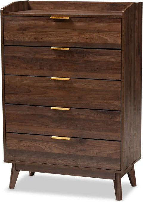 Baxton Studio Lena Mid-Century Modern Walnut Brown Finished 5-Drawer Wood Chest