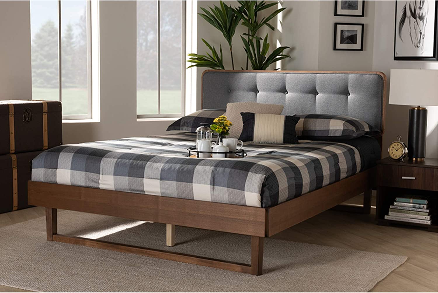 Baxton Studio Natalia Mid-Century Modern Dark Grey Fabric Upholstered and Ash Walnut Finished Wood Queen Size Platform Bed