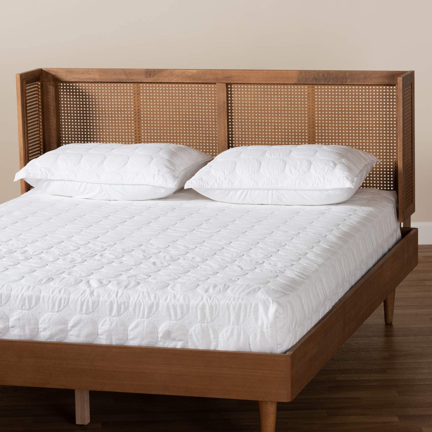 Baxton Studio Rina Mid-Century Modern Ash Wanut Finished Wood and Synthetic Rattan Full Size Wrap-Around Headboard