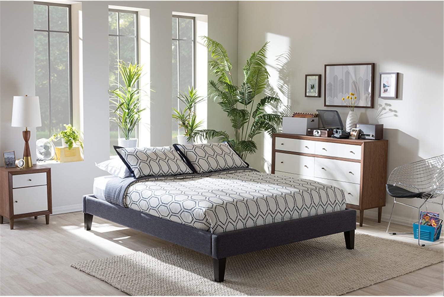 Baxton Studio Lancashire Modern and Contemporary Upholstered Bed Frame with Tapered Legs Full/Dark Grey