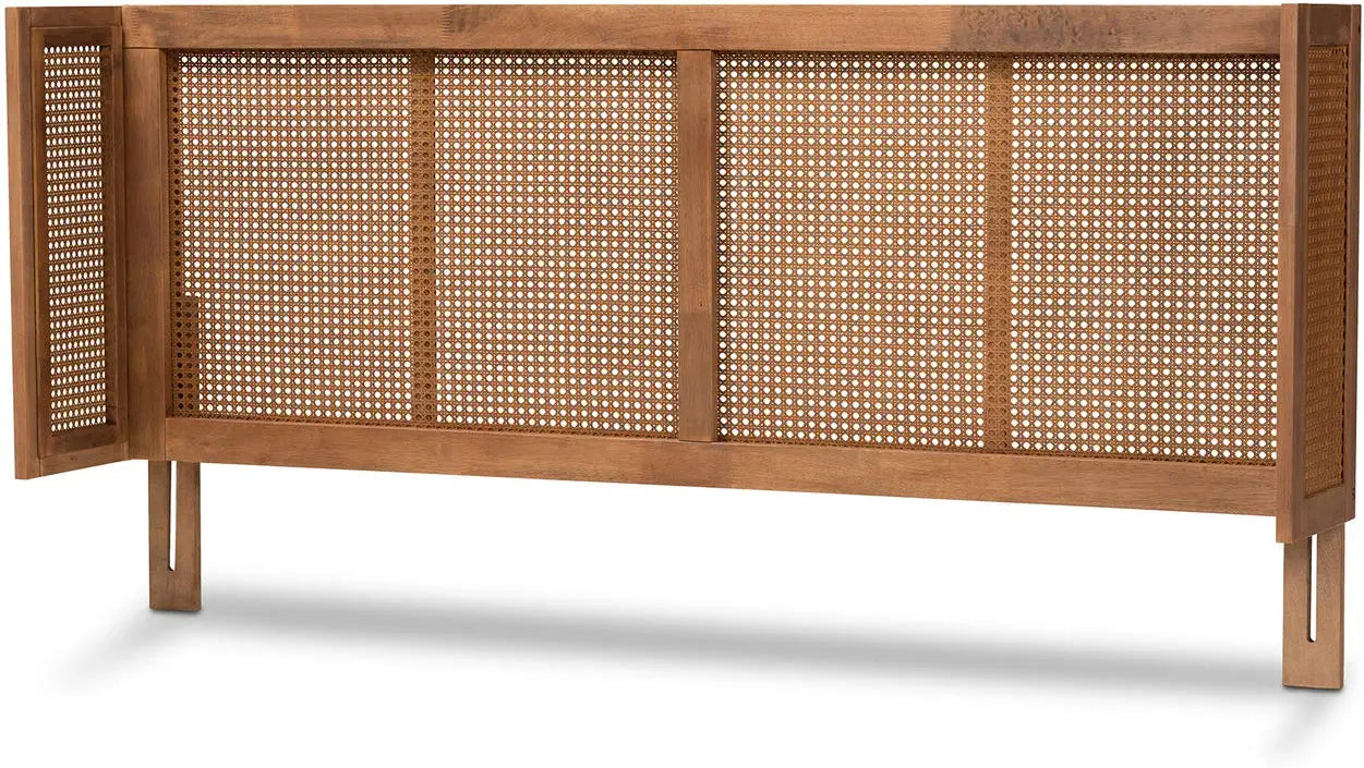 Baxton Studio Rina Mid-Century Modern Ash Wanut Finished Wood and Synthetic Rattan King Size Wrap-Around Headboard