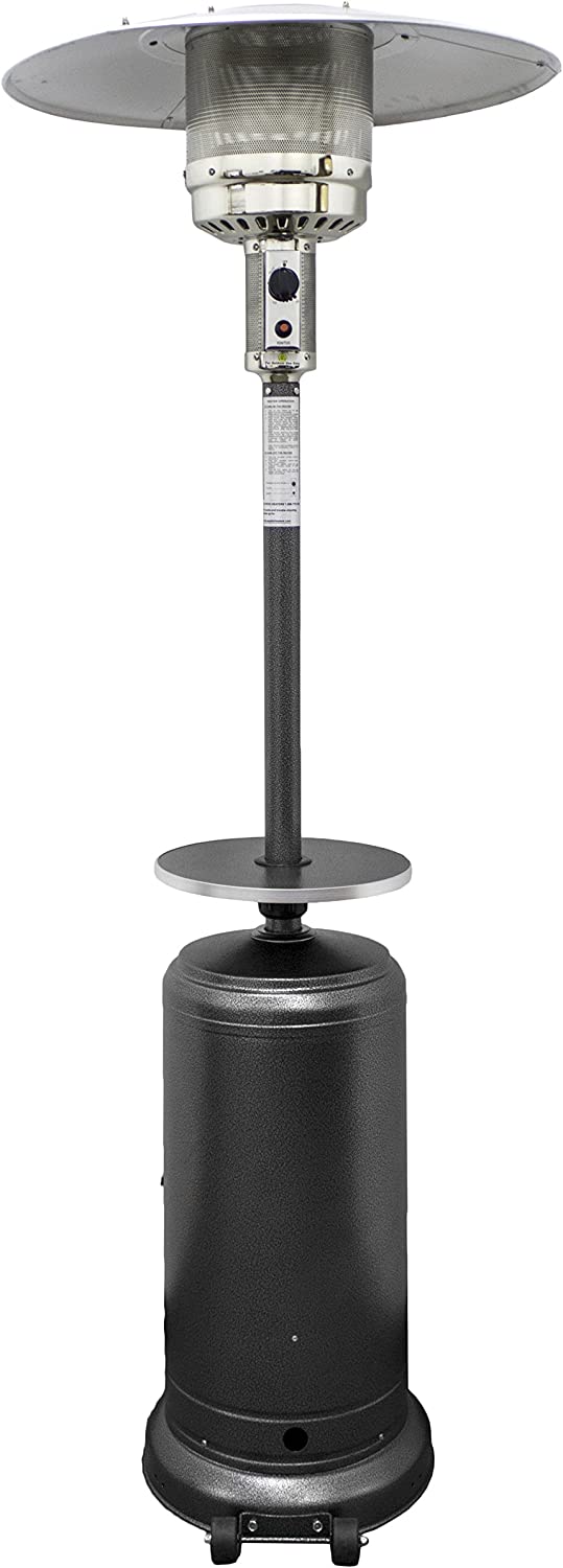 Hiland HLDS01-WCBT 48,000 BTU Propane Patio Heater w/Wheels and Table, Large, Hammered Silver