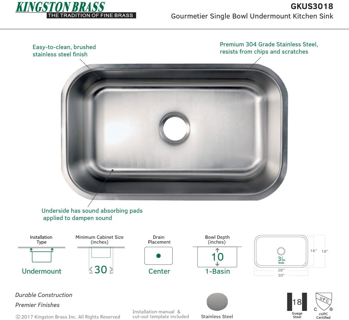 Kingston Brass Gourmetier GKUS3018 Undermount Single Bowl Kitchen Sink 30-Inch-Length by 18-Inch-Width by 10-Inch-Depth, 18 Gauge, Brushed Stainless Steel