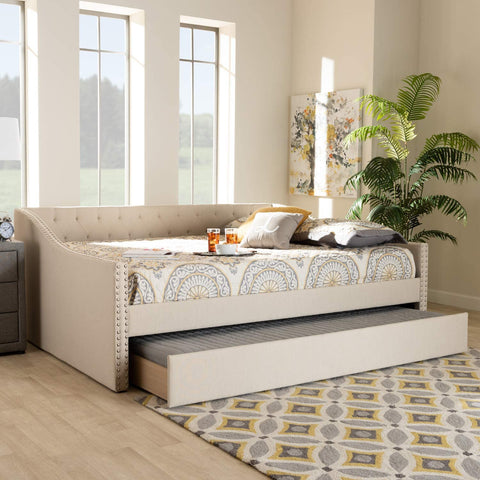 Baxton Studio Haylie Modern and Contemporary Beige Fabric Upholstered Queen Size Daybed with Roll-Out Trundle Bed