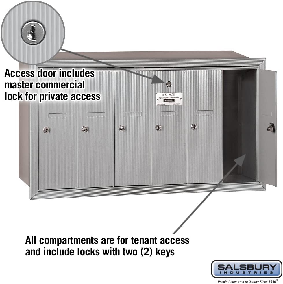 Salsbury Industries 3506ARP Recessed Mounted Vertical Mailbox with Master Commercial Lock, Private Access and 6 Doors, Aluminum