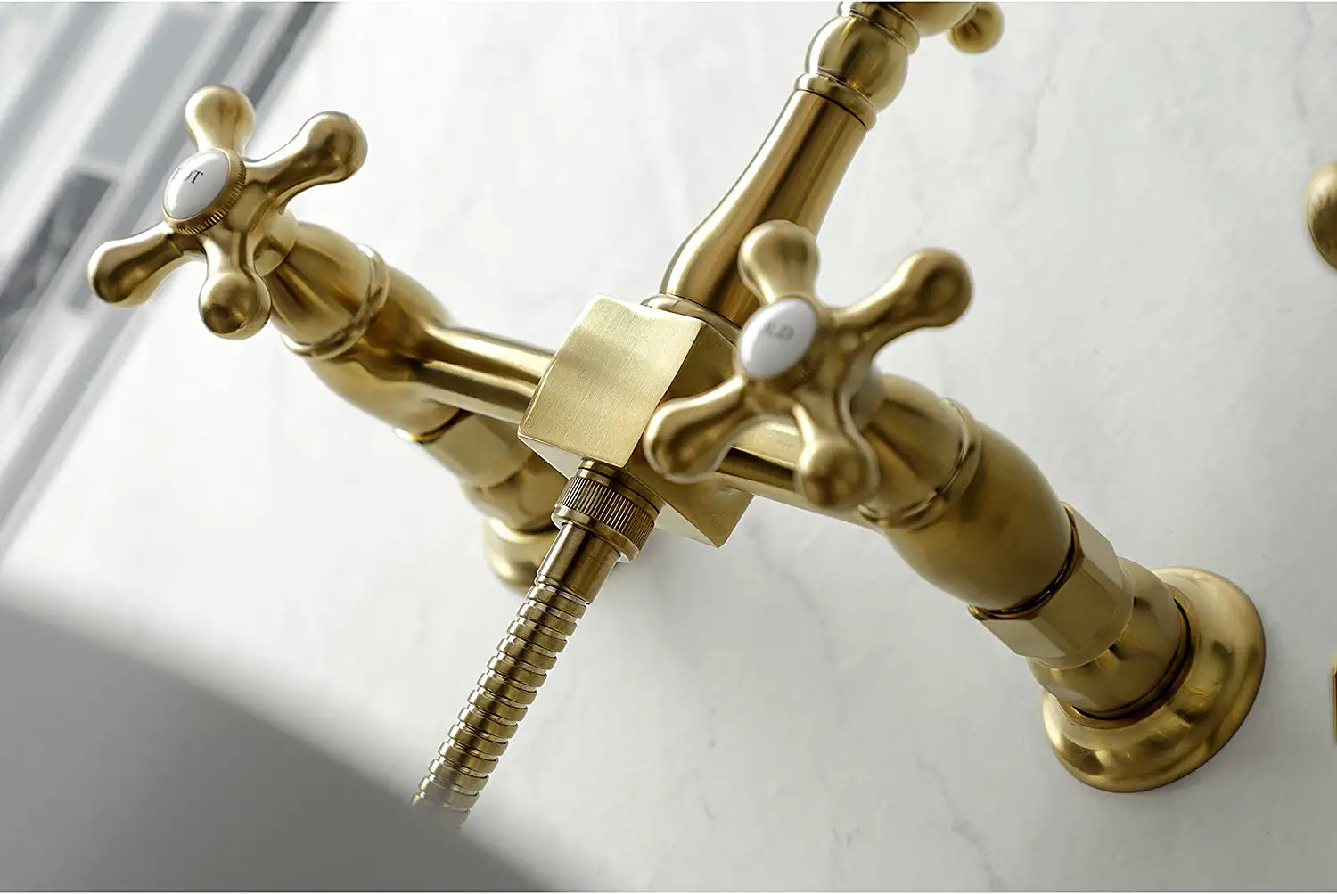 Kingston Brass KS1267AXBS Heritage 8-Inch Centerset Wall Mount Kitchen Faucet with Brass Sprayer, Brushed Brass