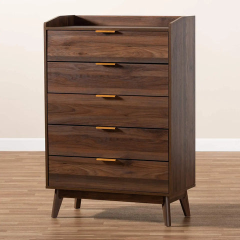 Baxton Studio Lena Mid-Century Modern Walnut Brown Finished 5-Drawer Wood Chest