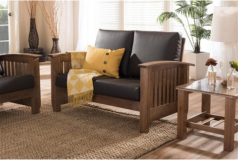 Baxton Studio Charlotte Modern Classic Mission Style Walnut Brown Wood and Dark Brown Faux Leather 2-Seater Loveseat