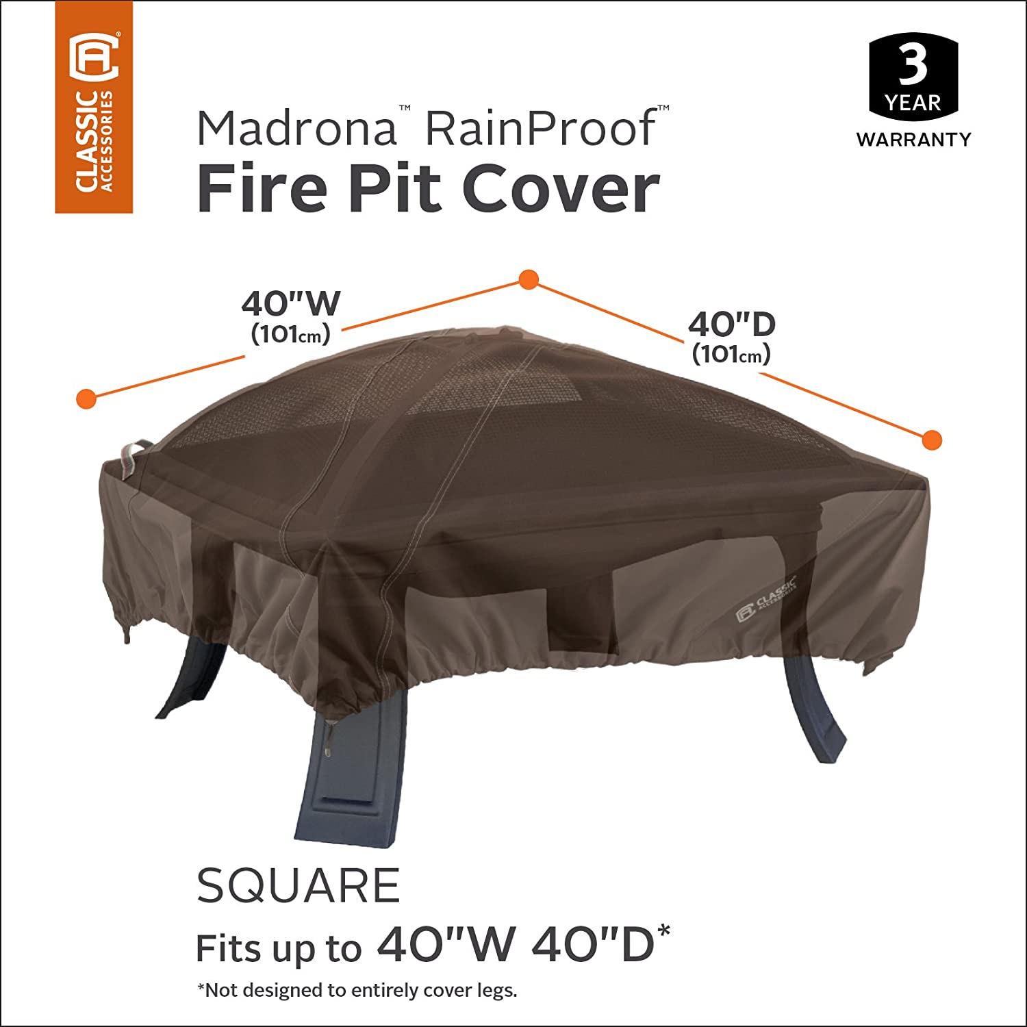 Classic Accessories 55-832-036601-RT Madrona Rainproof 40 Inch Square Fire Pit Cover, Dark Cocoa