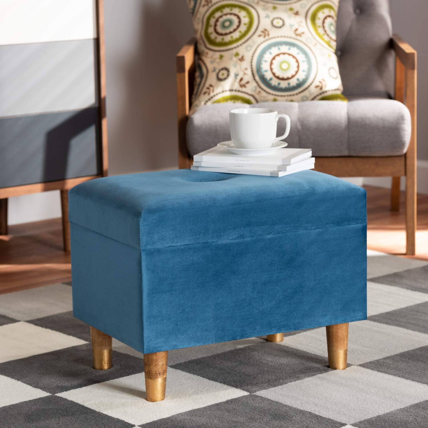 Baxton Studio Elias Modern and Contemporary Sky Blue Velvet Fabric Upholstered and Oak Brown Finished Wood Storage Ottoman